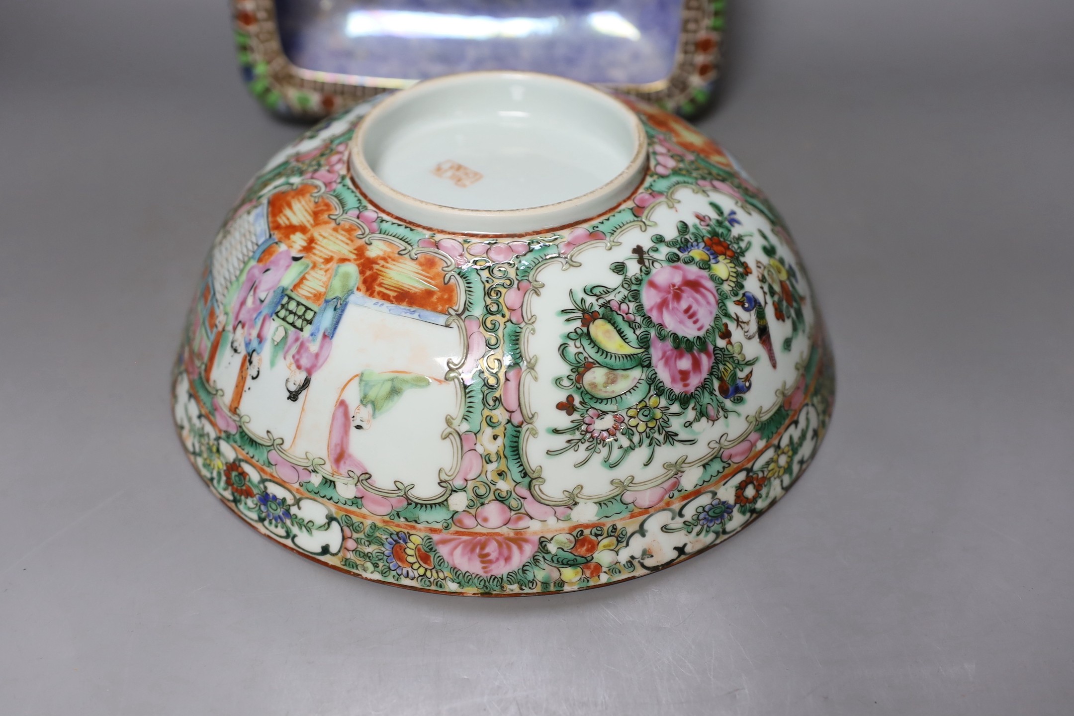 A late 19th century Cantonese famille rose bowl, a Royal Winton lustreware, diameter 26cm, together with a Japanese Satsuma twin handled vase, 20.5cm tall